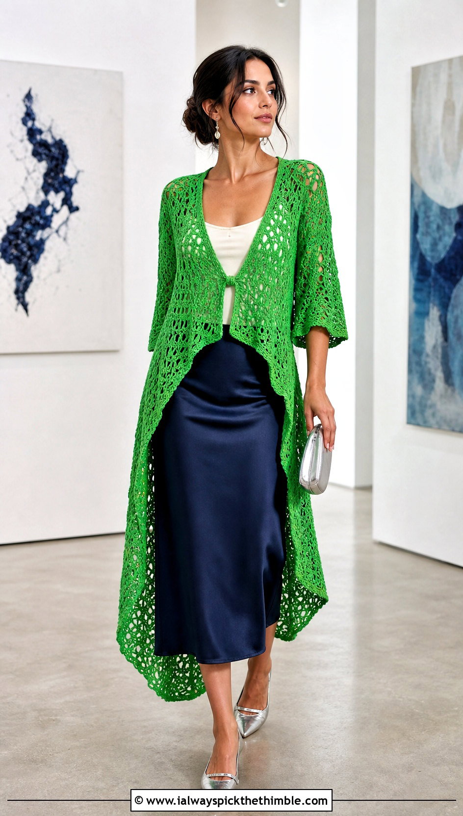 High Low Crochet Tunic Cover Up With Satin Midi Skirt - 15 crochet tunic cover up outfit ideas