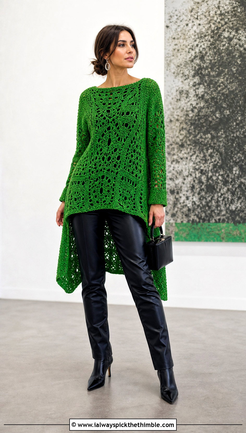 High Low Crochet Tunic With Faux Leather Pants - 25 crochet tunic outfit ideas