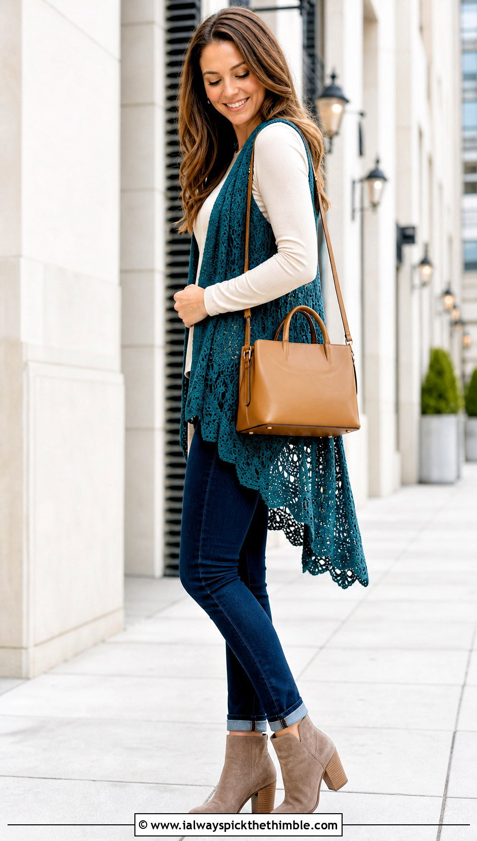High Low Crochet Vest With Slim Jeans And Ankle Boots - 25 crochet vest for women outfit ideas