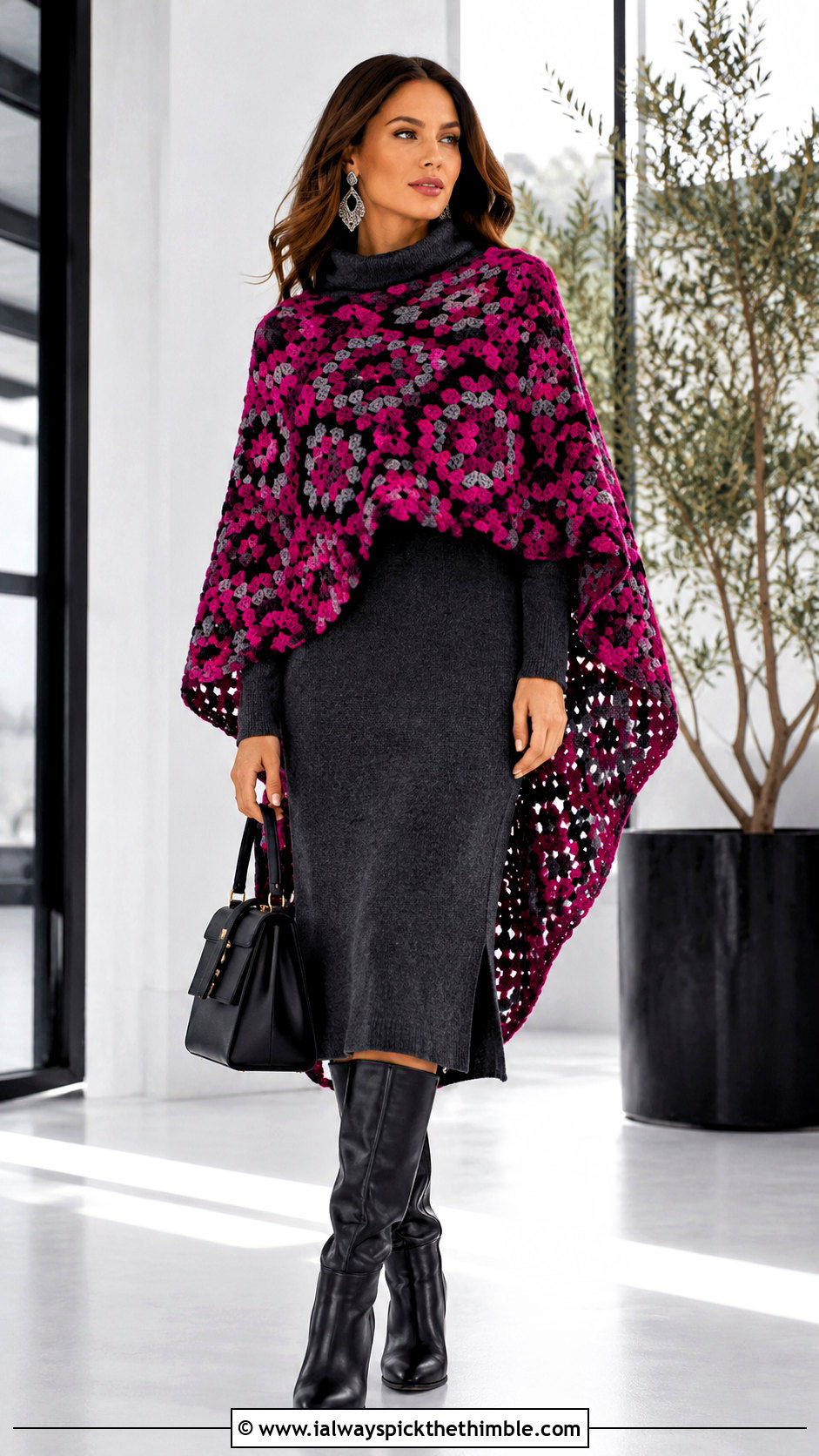 High Low Granny Square Poncho With Knit Dress - 25 granny square poncho outfit ideas