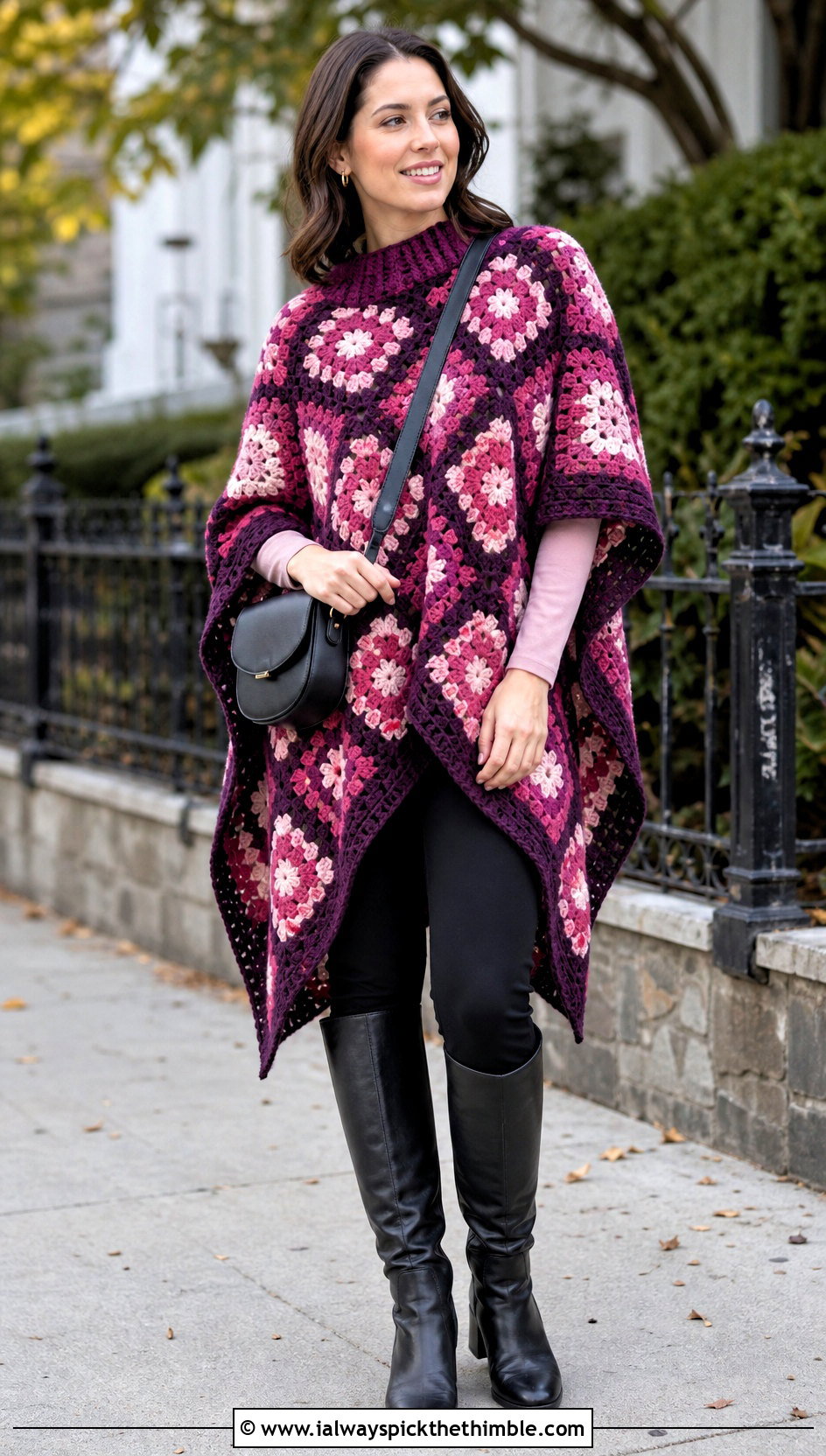 High Low Granny Square Poncho With Leggings And Riding Boots - 25 crochet granny square poncho outfit ideas