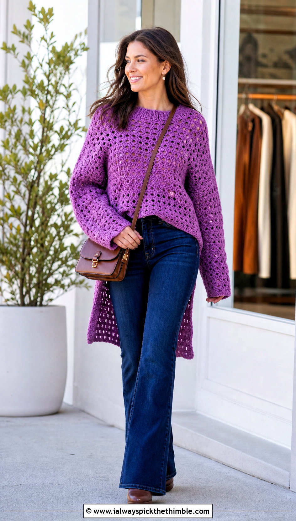 High Low Hem Bulky Yarn Crochet Sweater With Flared Jeans - 20 bulky yarn crochet sweater outfit ideas