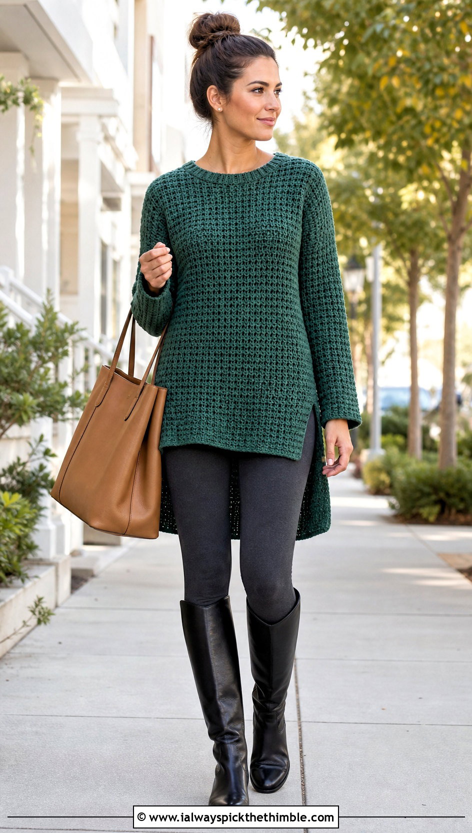 High Low Hem Crochet Chunky Sweater With Leggings And Riding Boots - 25 crochet chunky sweater outfit ideas