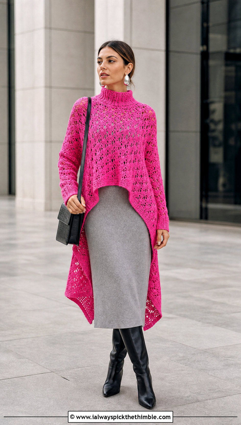 High Low Hem Crochet Mock Neck Top Over A Midi Dress - 25 crochet mock neck top outfit ideas