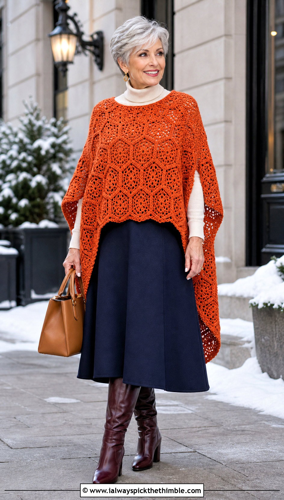 High Low Hexagon Crochet Poncho With Wool Midi Skirt - 20 Hexagon Crochet Poncho outfit ideas