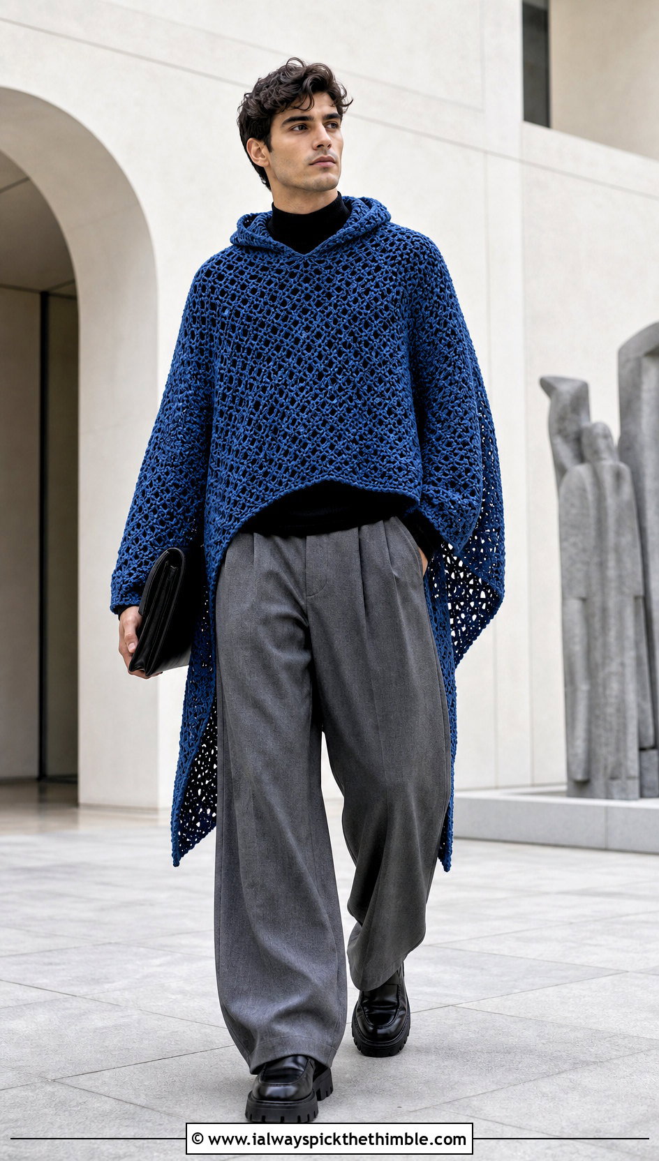 High Low Hooded Crochet Poncho With Wide Leg Trousers - 15 mens hooded crochet poncho outfit ideas