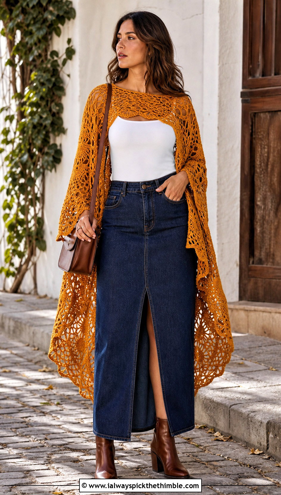High Low Spider Web Crochet Poncho With Denim Maxi Skirt - 20 Spider Web Crochet Poncho outfit ideas