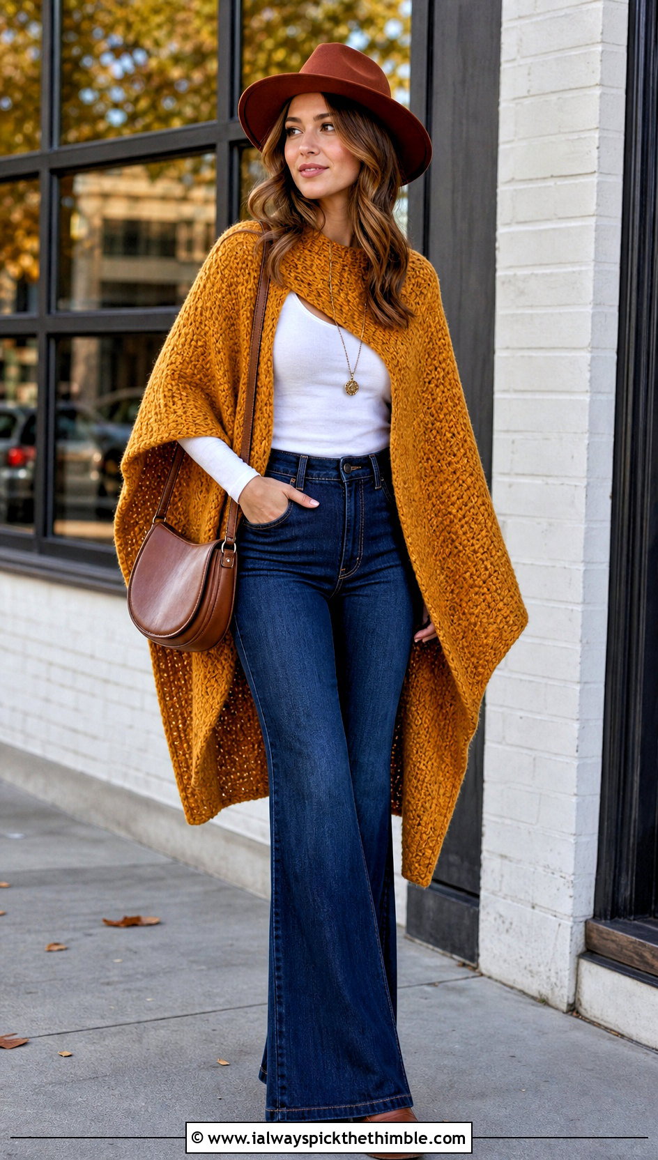 High Low Tunisian Full Stitch Poncho With Flared Jeans - 20 tunisian crochet poncho outfit ideas