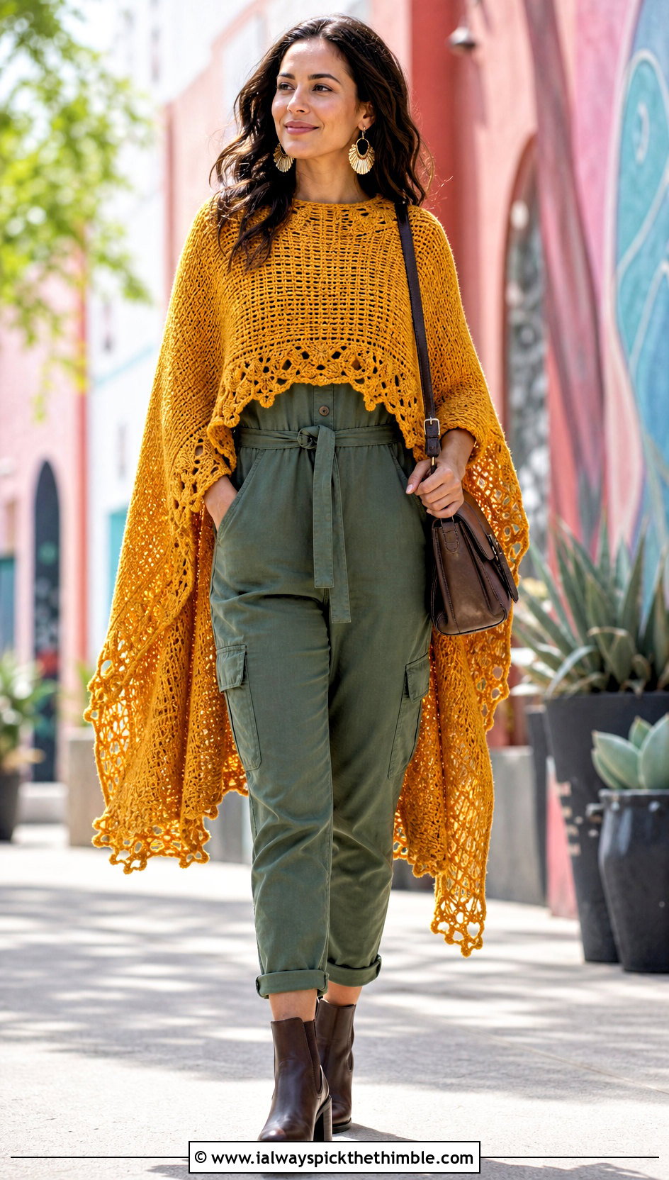 High Low Uptown Crochet Poncho With Utility Jumpsuit - 15 Uptown Crochet Poncho outfit ideas