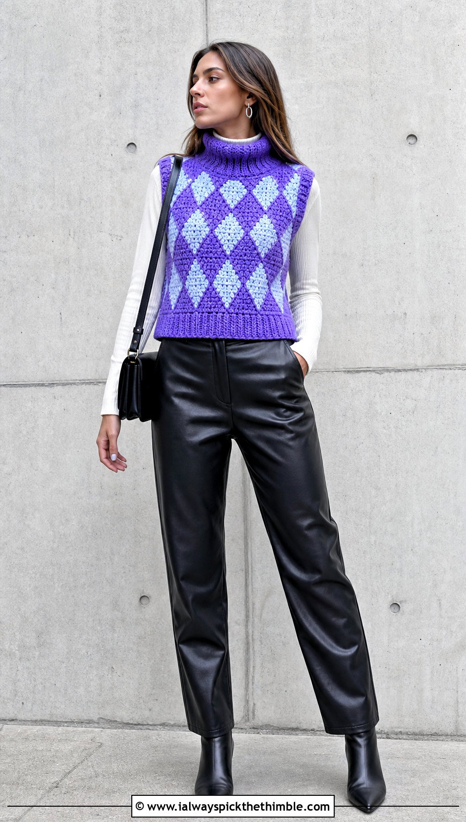High Neck Argyle Crochet Sweater Vest With Leather Pants - 20 Argyle Crochet Sweater Vest outfit ideas