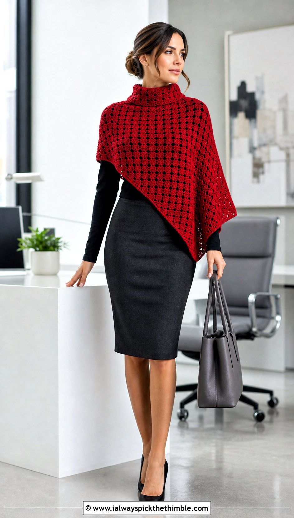 High Neck Asymmetrical Crochet Poncho With Pencil Skirt - 20 Asymmetrical Crochet Poncho outfit ideas