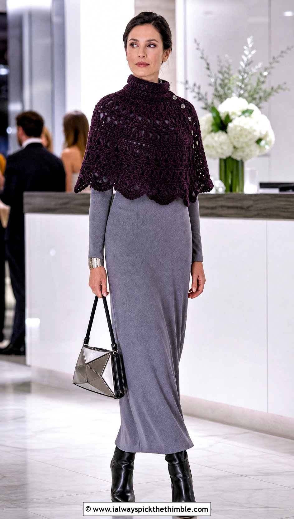 High Neck Capelet With Column Dress - 15 Outlander Crochet Capelet outfit ideas