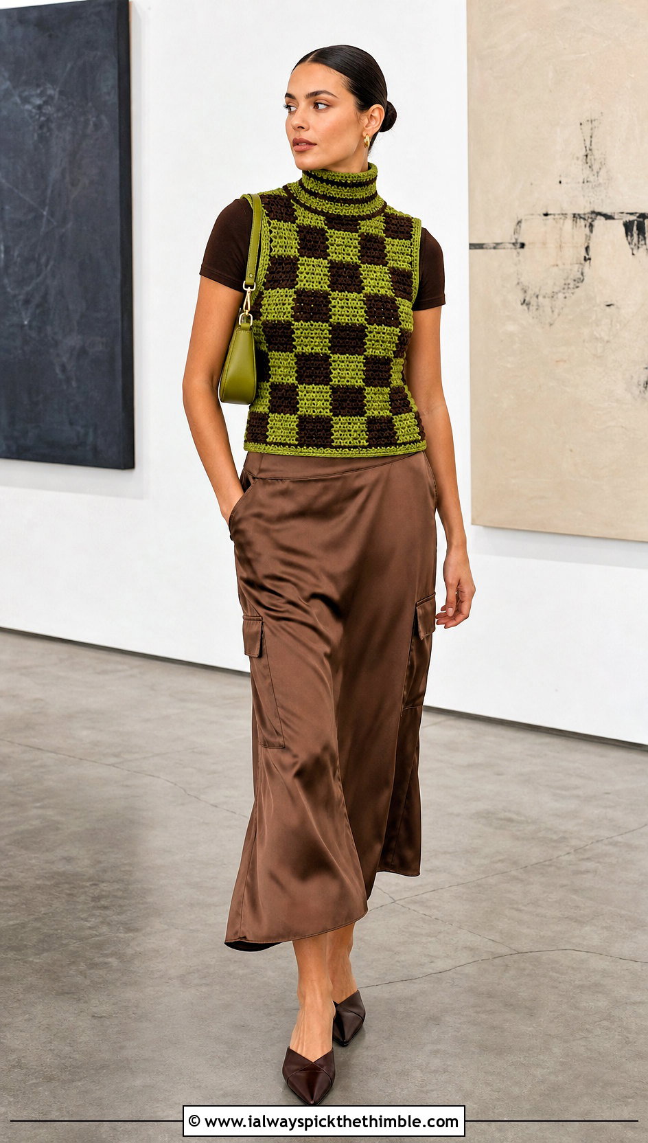 High Neck Checkered Crochet Vest With Satin Cargo Skirt - 20 checkered crochet vest outfit ideas