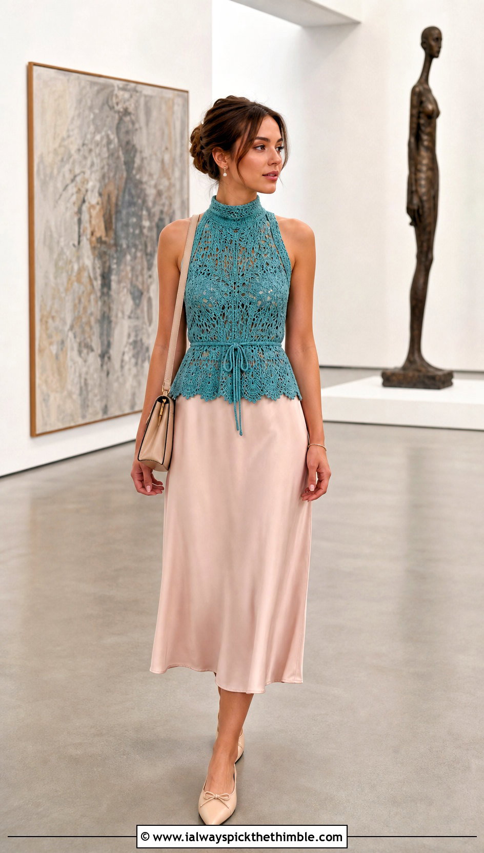 High Neck Cinch Crochet Top Over A Slip Dress - 20 crochet cinch top outfit ideas