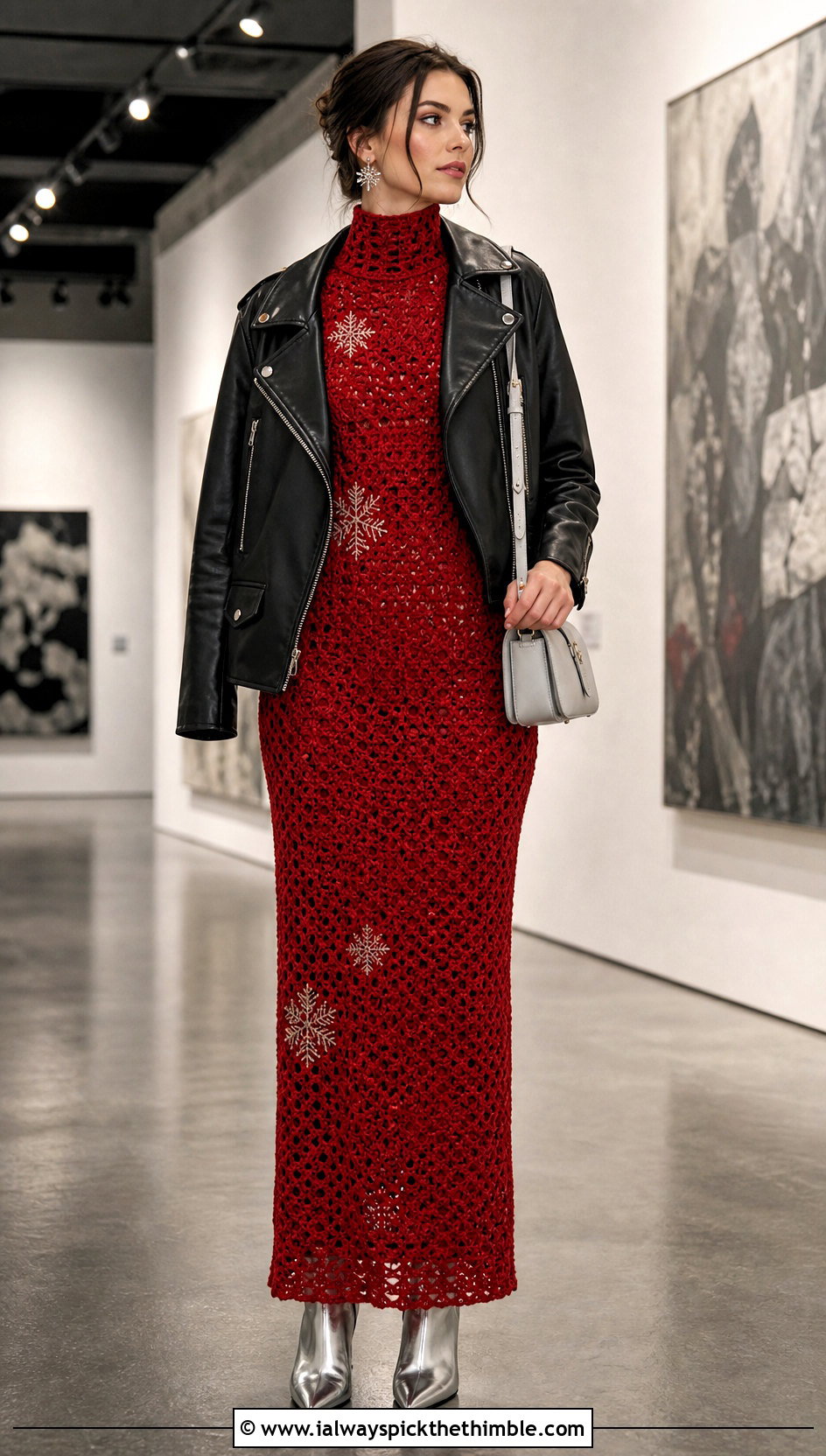 High Neck Column Crochet Elsa Dress With Leather Jacket - 20 crochet elsa dress outfit ideas