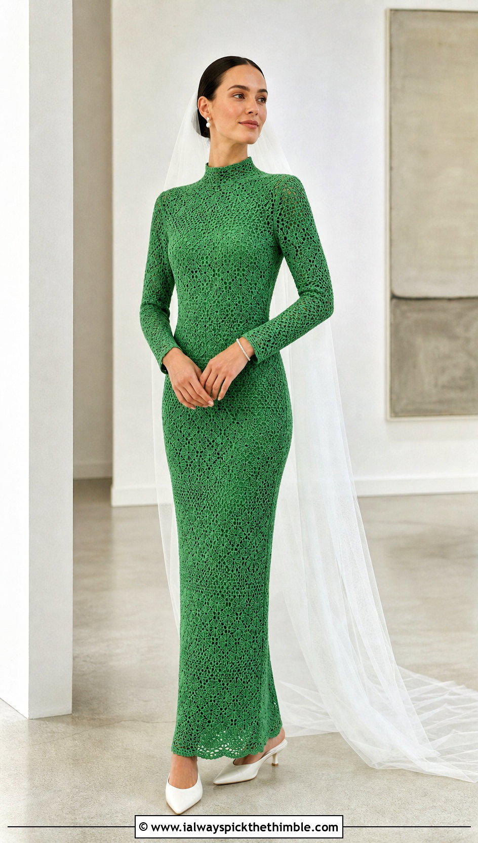 High Neck Column Hand Crochet Wedding Dress With Long Veil - 15 Hand Crochet Wedding Dress outfit ideas