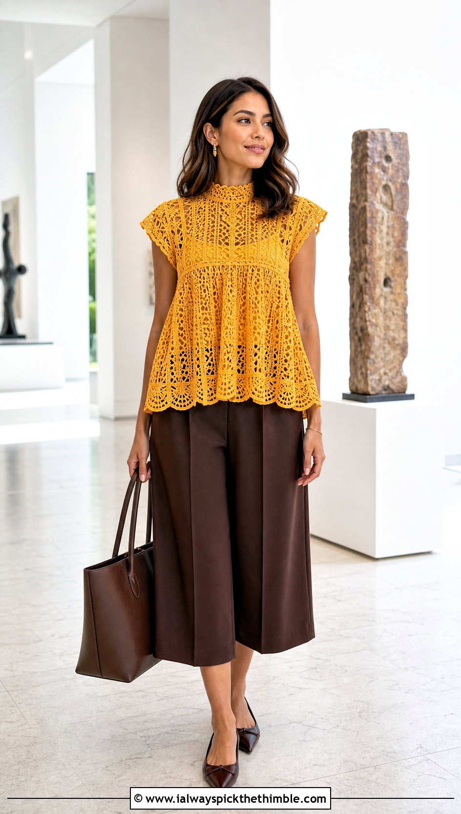 High Neck Crochet Babydoll Top With Tailored Culottes - 25 crochet babydoll top outfit ideas