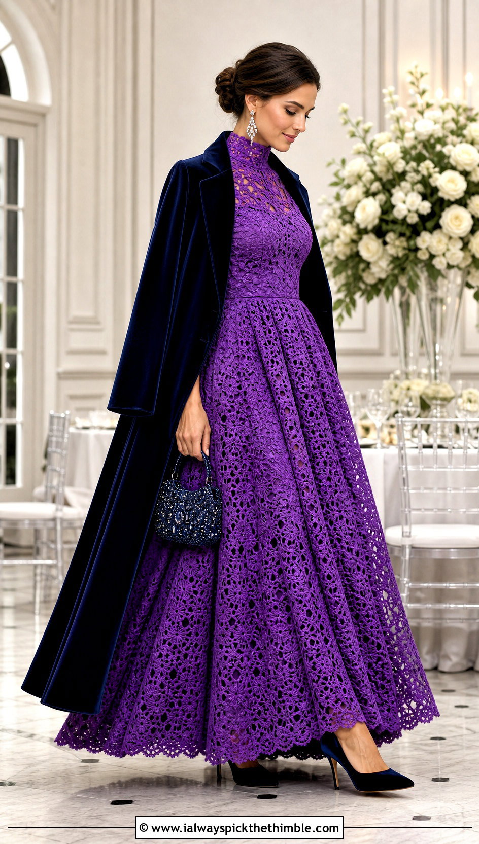 High Neck Crochet Ball Gown Dress With Velvet Coat - 20 crochet ball gown dress outfit ideas