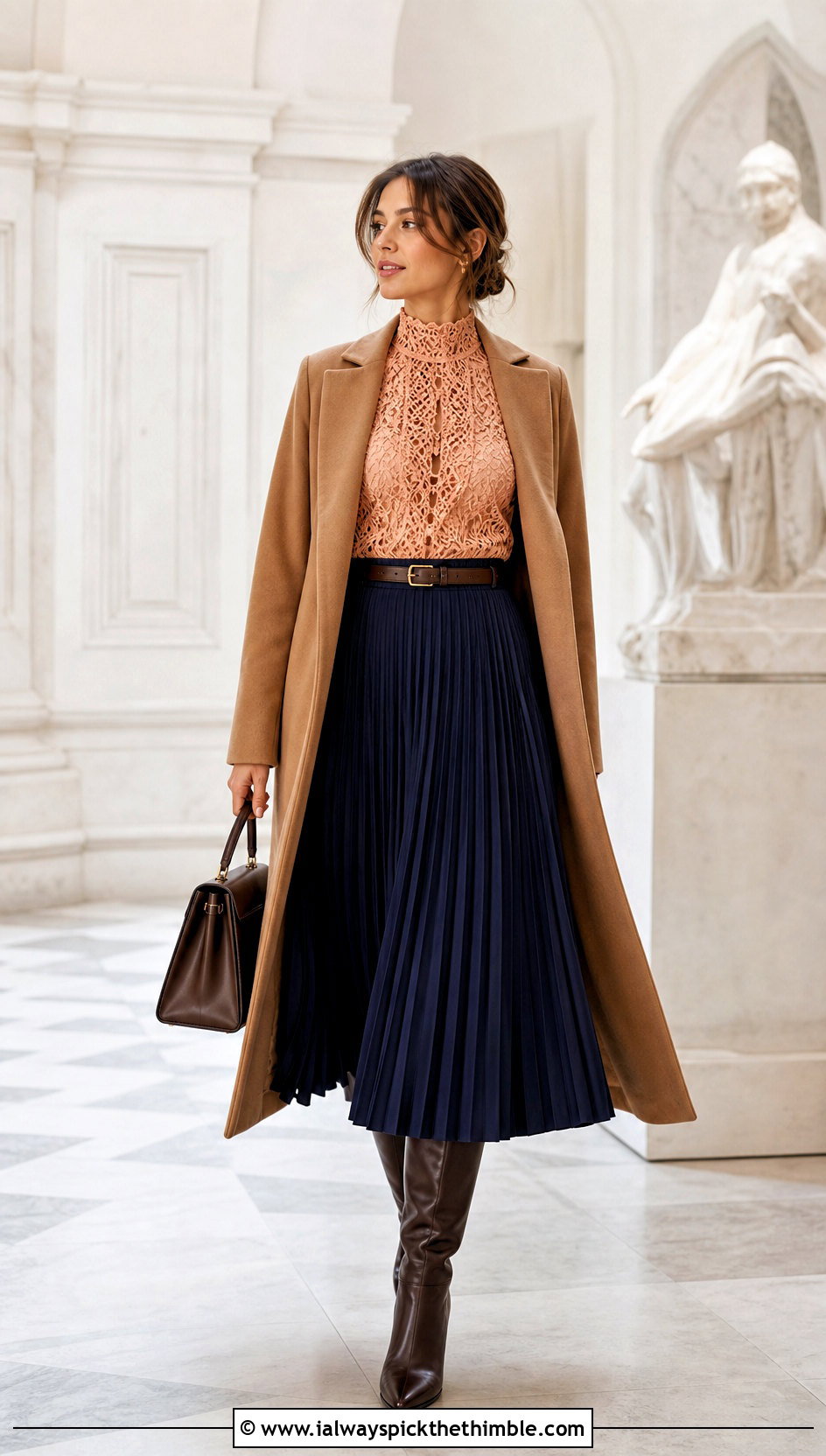 High Neck Crochet Blouse With Pleated Midi Skirt - 15 fall crochet blouse outfit ideas