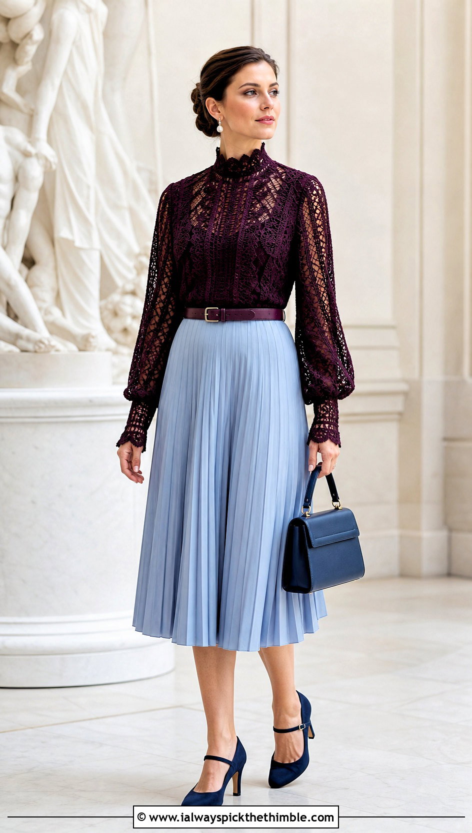 High Neck Crochet Blouse With Pleated Midi Skirt - 15 colorful crochet blouse design outfit ideas
