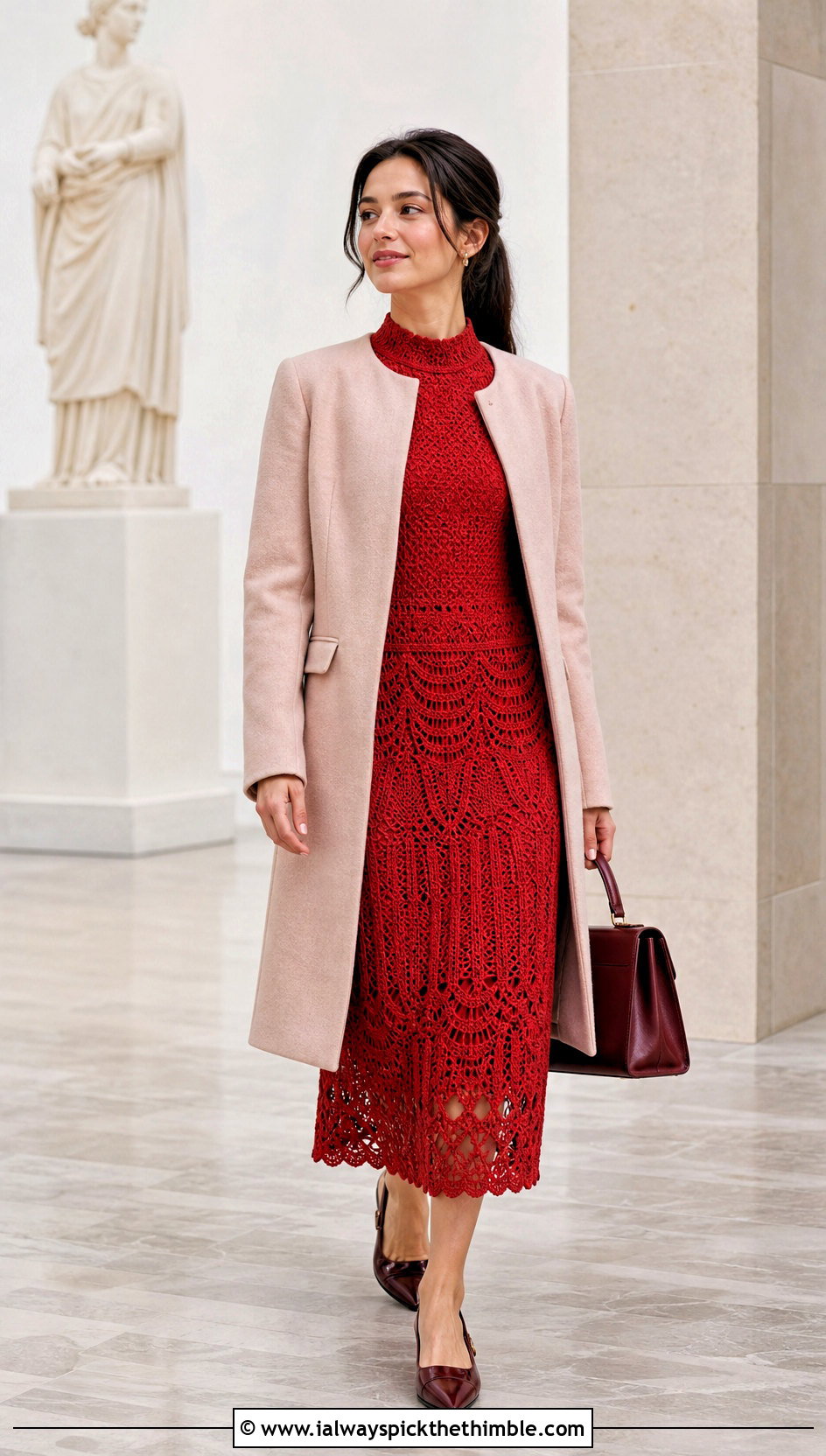 High Neck Crochet Boho Midi Dress With Structured Coat - 20 crochet boho dress outfit ideas