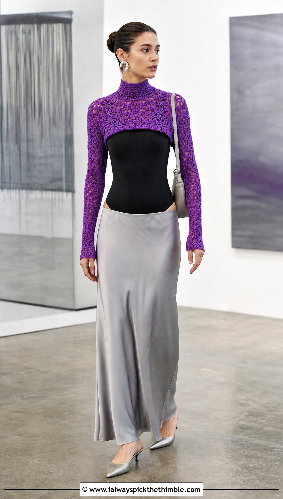 High Neck Crochet Bolero Shrug With Bias Cut Maxi Skirt - 25 crochet bolero shrug outfit ideas