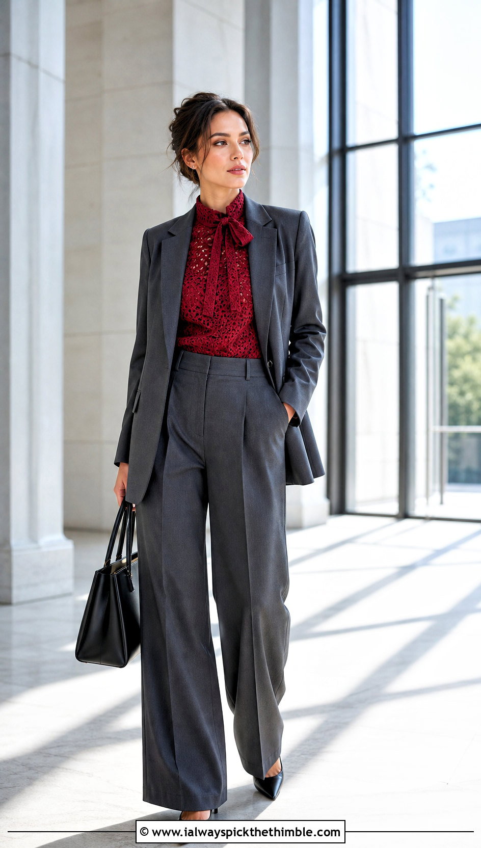 High Neck Crochet Bow Top With Trouser Suit - 20 crochet bow top outfit ideas