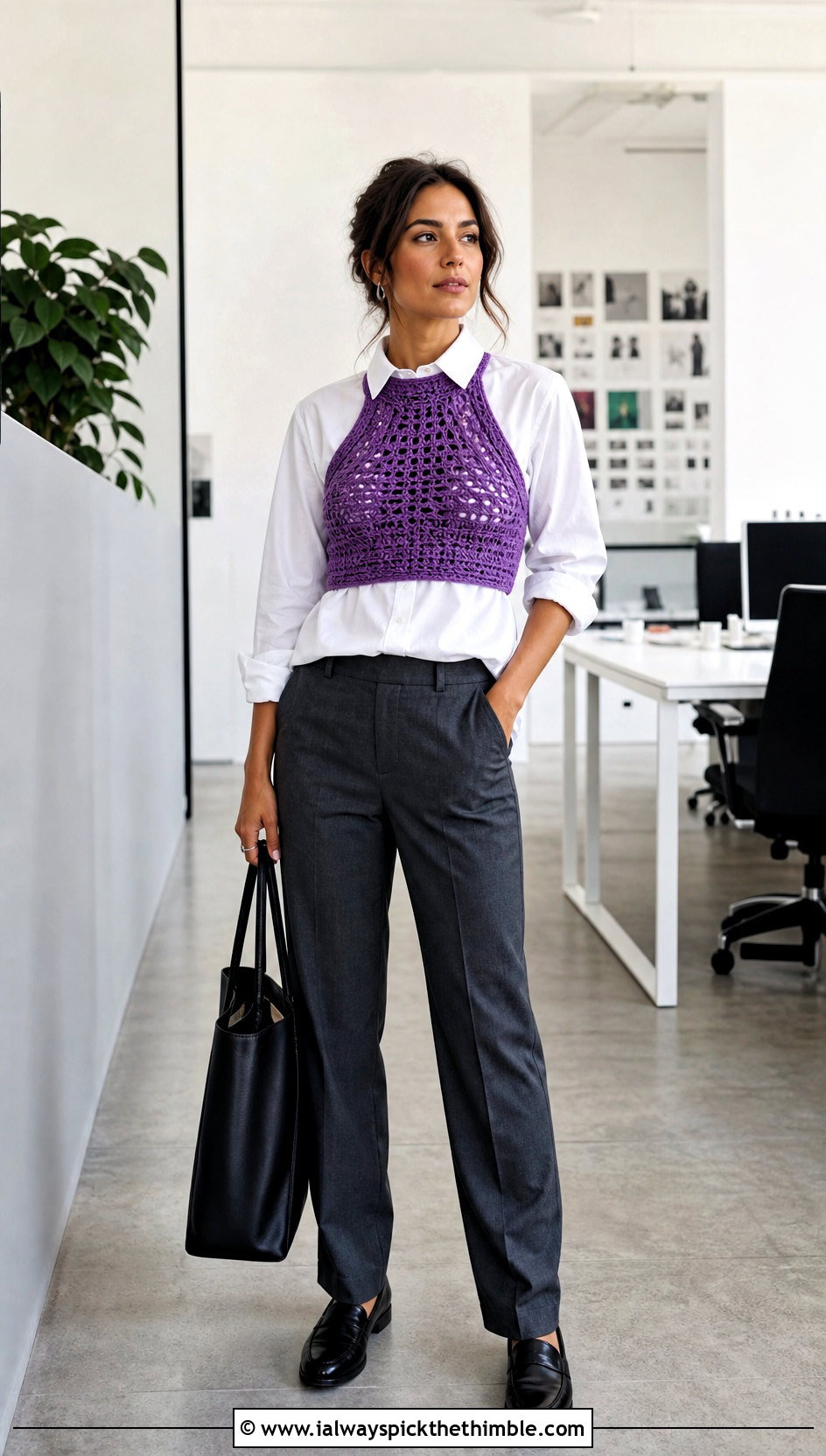 High Neck Crochet Bralette Over A Button Down Shirt - 25 crochet bralette outfit ideas