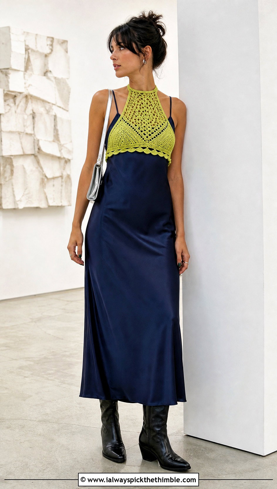High Neck Crochet Bralette Over A Slip Dress - 15 boho crochet bralette outfit ideas