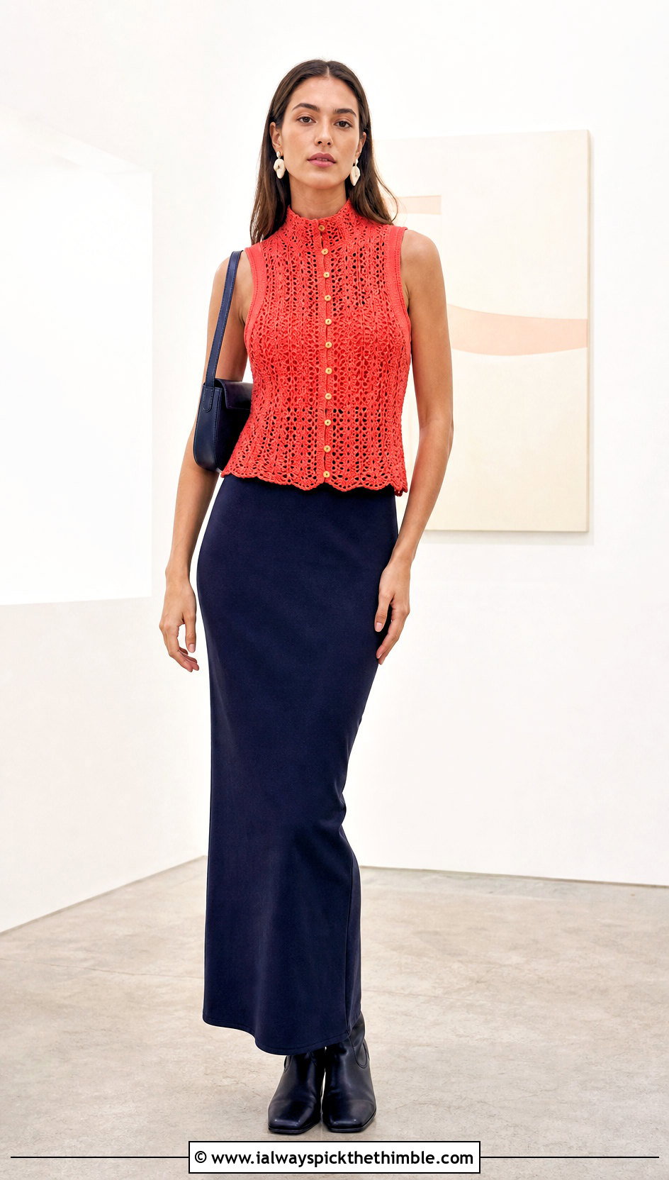 High Neck Crochet Button Vest With Column Skirt - 25 crochet button vest outfit ideas