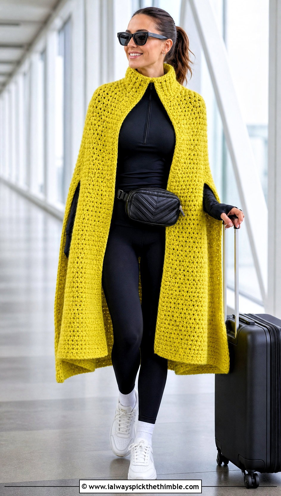 High Neck Crochet Cape Coat With Leggings And Sneakers - 15 Crochet Cape Coat outfit ideas