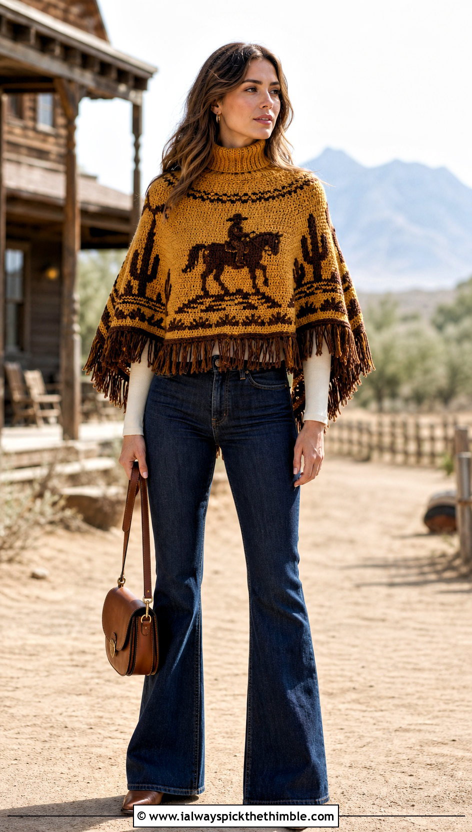 High Neck Crochet Clint Eastwood Poncho With Flare Jeans - 15 Crochet Clint Eastwood Poncho outfit ideas