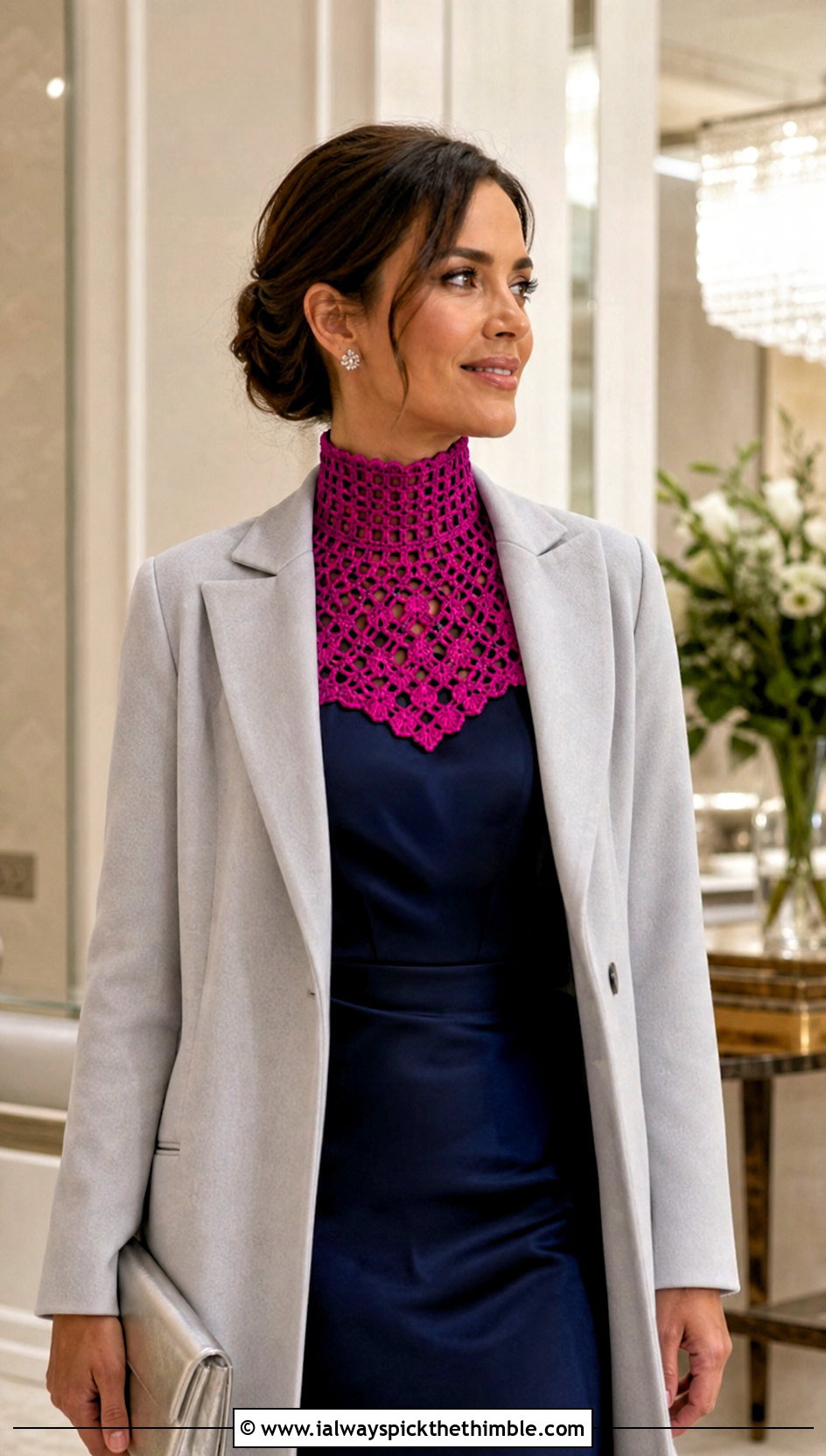High Neck Crochet Collar With Satin Midi Dress - 25 crochet collar outfit ideas