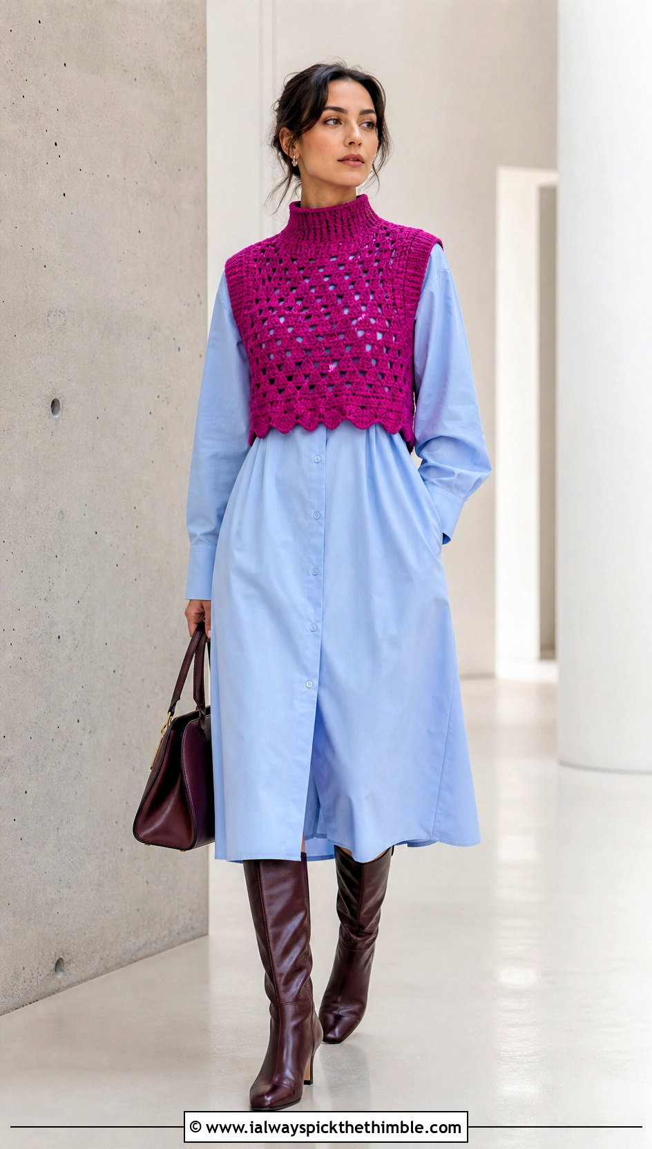 High Neck Crochet Crop Top Over A Shirt Dress - 15 crochet crop tops for women outfit ideas