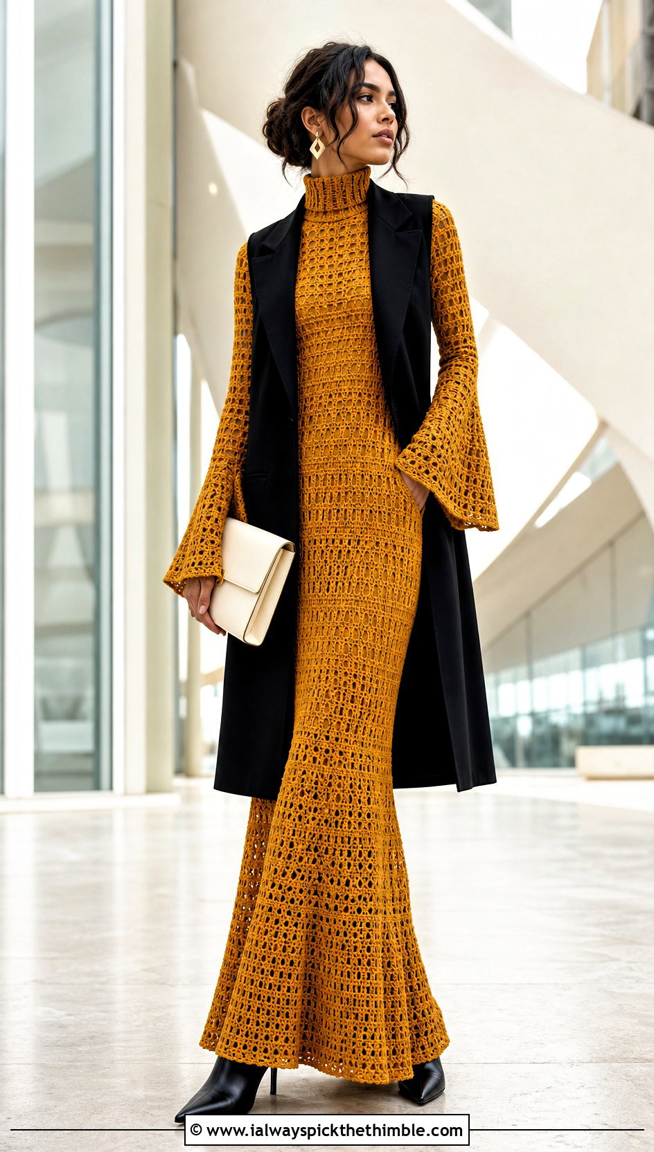 High Neck Crochet Fishtail Flare Sleeve Maxi Dress With Long Vest - 20 Crochet Fishtail Flare Sleeve Maxi Dress outfit ideas