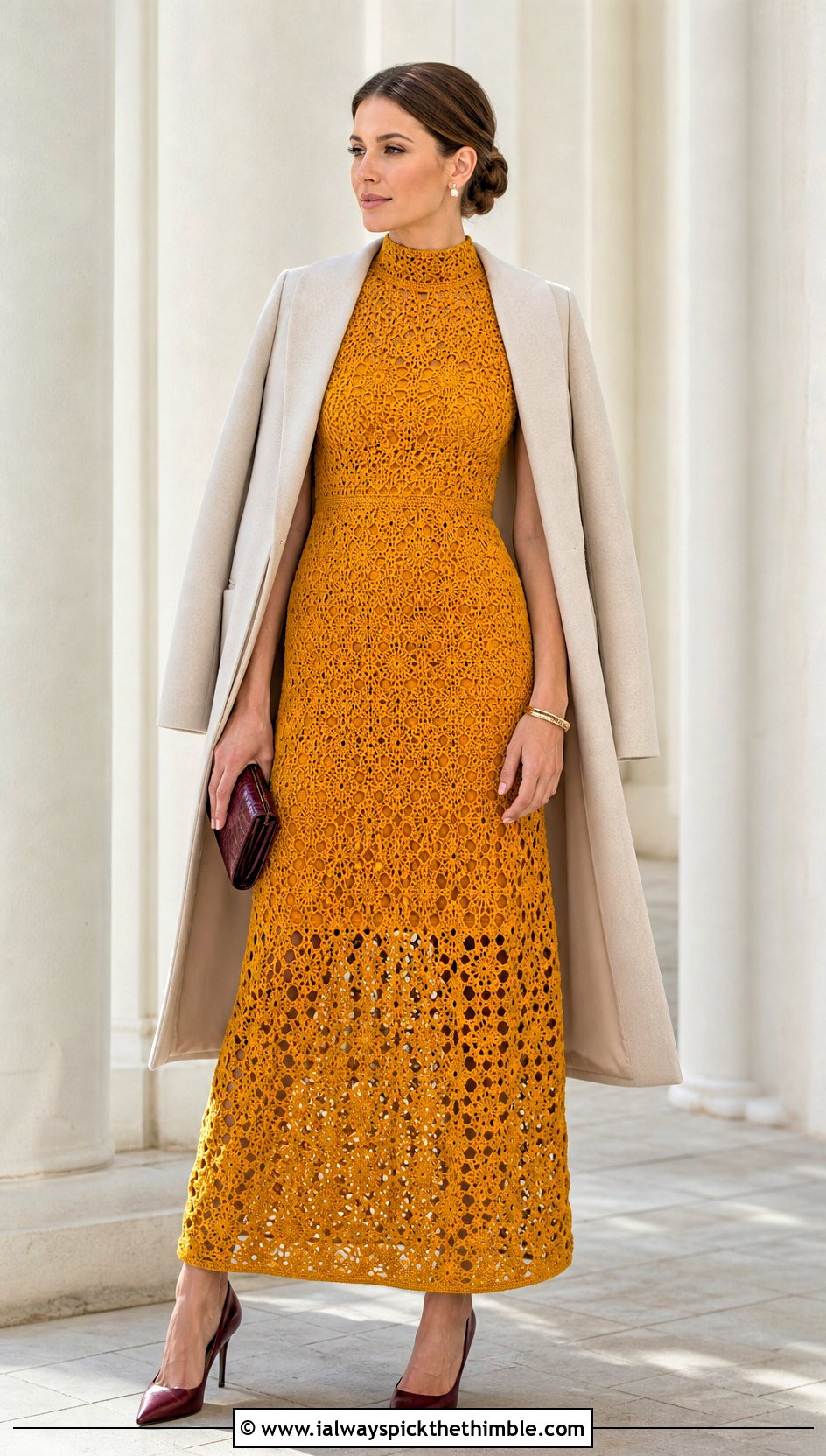 High Neck Crochet Gown With Pointed Pumps - 25 crochet gown for ladies outfit ideas