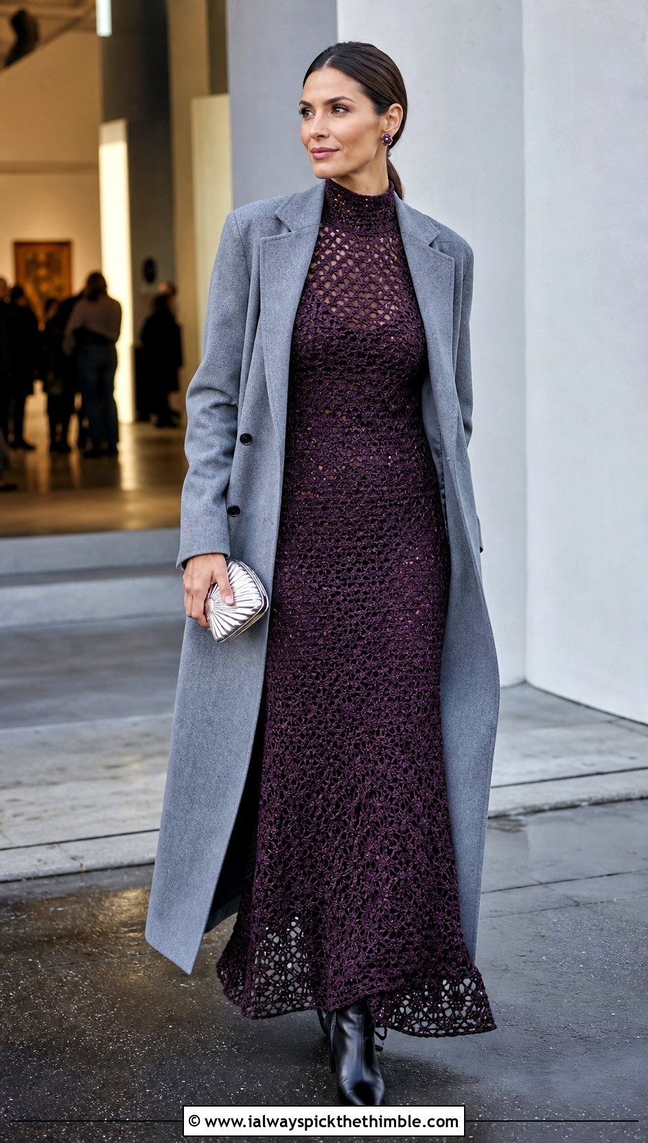 High Neck Crochet Gown With Tailored Long Coat - 25 crochet formal dress outfit ideas