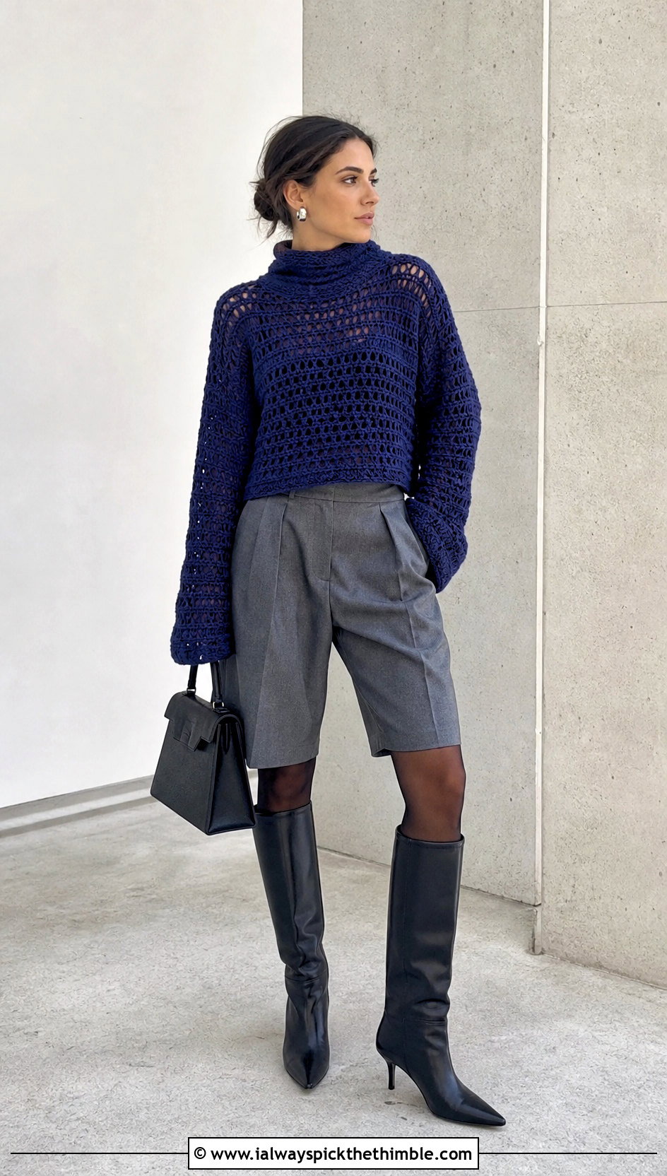 High Neck Crochet Grunge Sweater With Tailored Shorts - 20 crochet grunge sweater outfit ideas