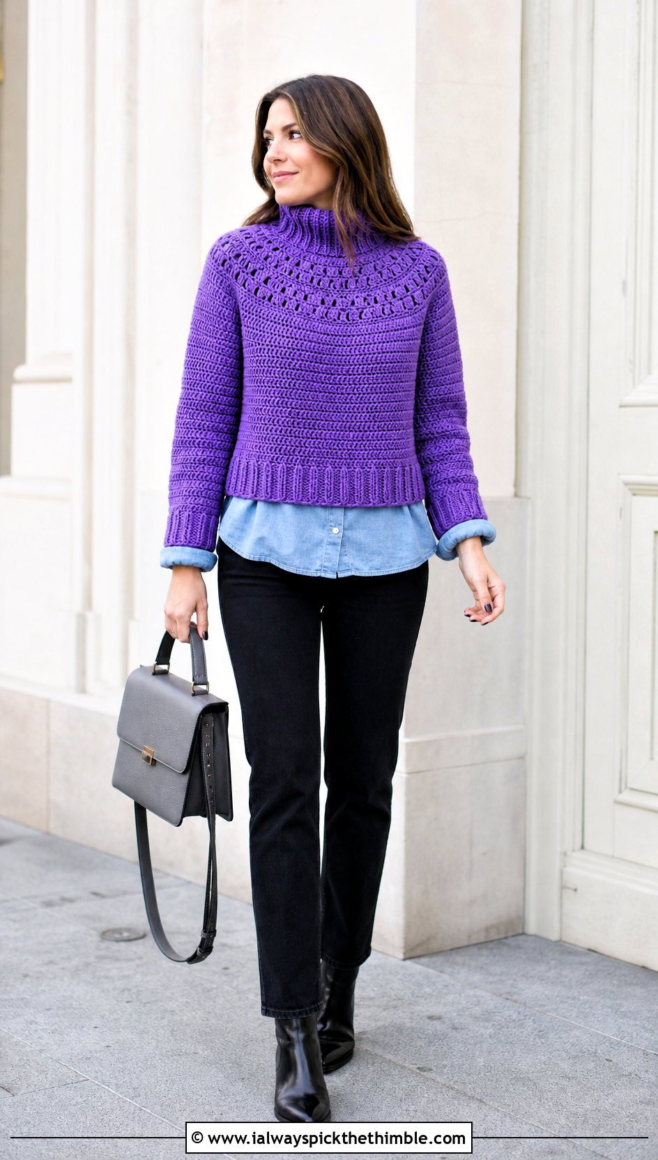 High Neck Crochet Half Sweater With Denim Shirt - 25 crochet half sweater outfit ideas