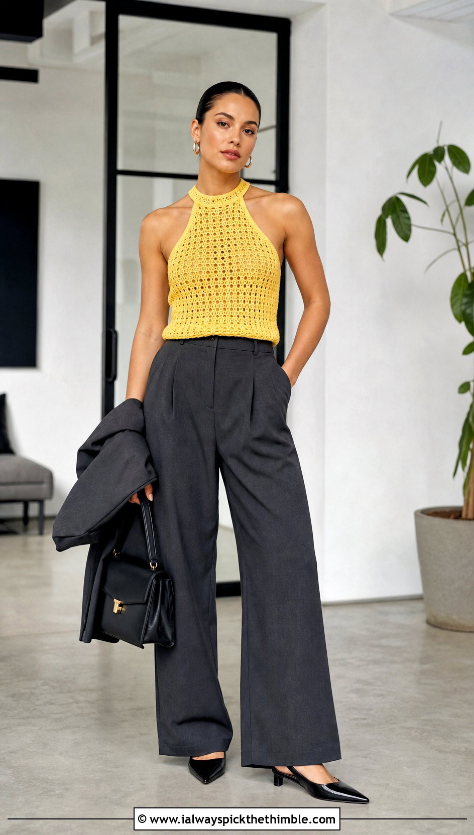 High Neck Crochet Halter Top With Tailored Trousers - 20 crochet halter neck outfit ideas