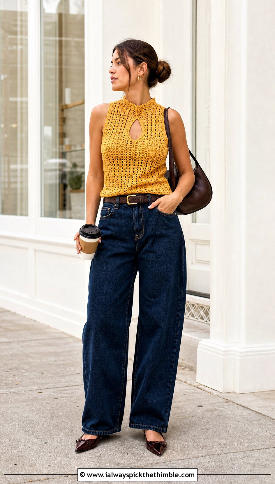 High Neck Crochet Keyhole Top With Barrel Jeans - 20 crochet keyhole top outfit ideas