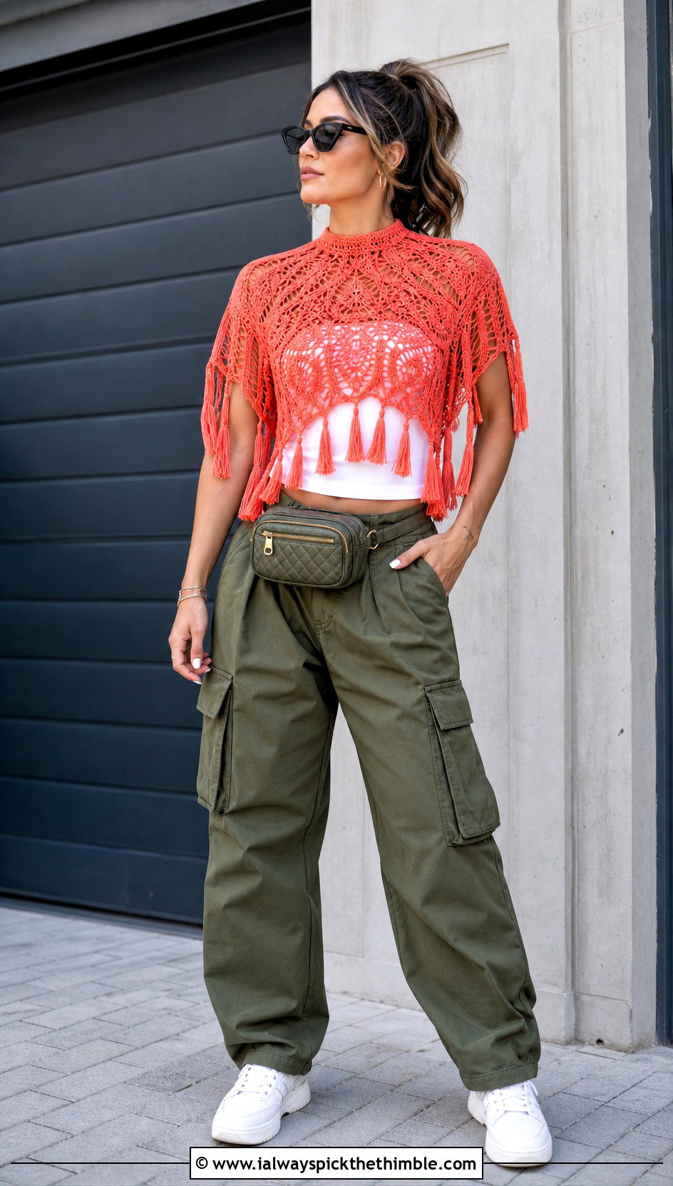 High Neck Crochet Lace Top With Cargo Pants - 15 Crochet Lace Top With Tassels outfit ideas