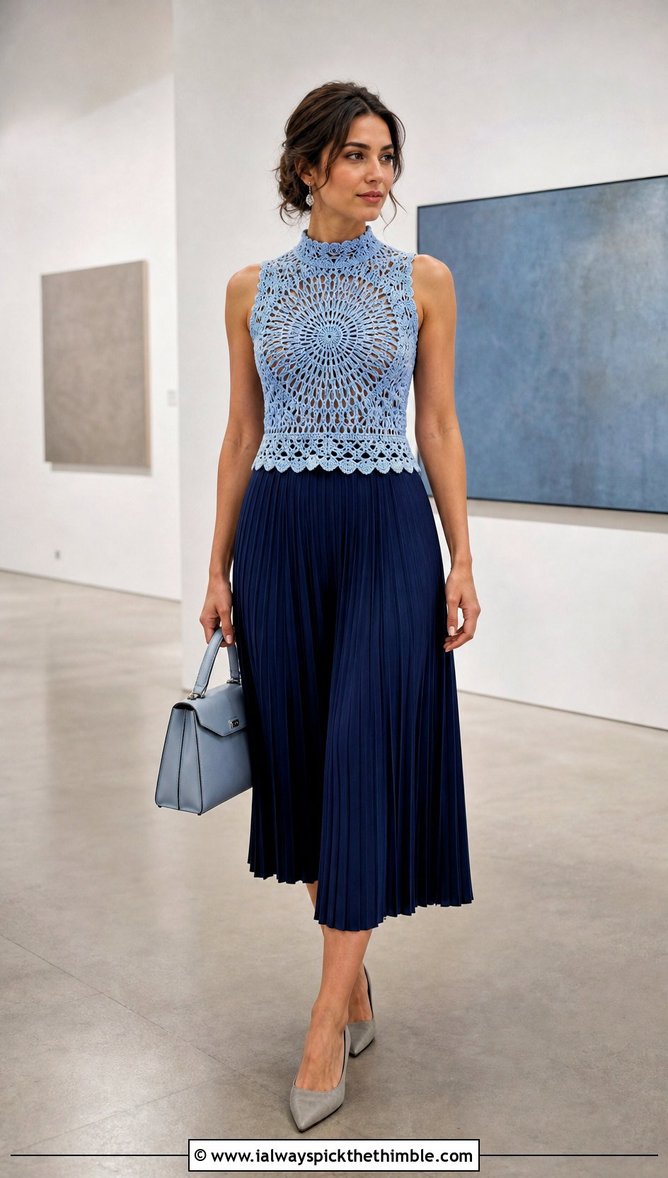 High Neck Crochet Mandala Top With Pleated Midi Skirt - 25 crochet mandala top outfit ideas