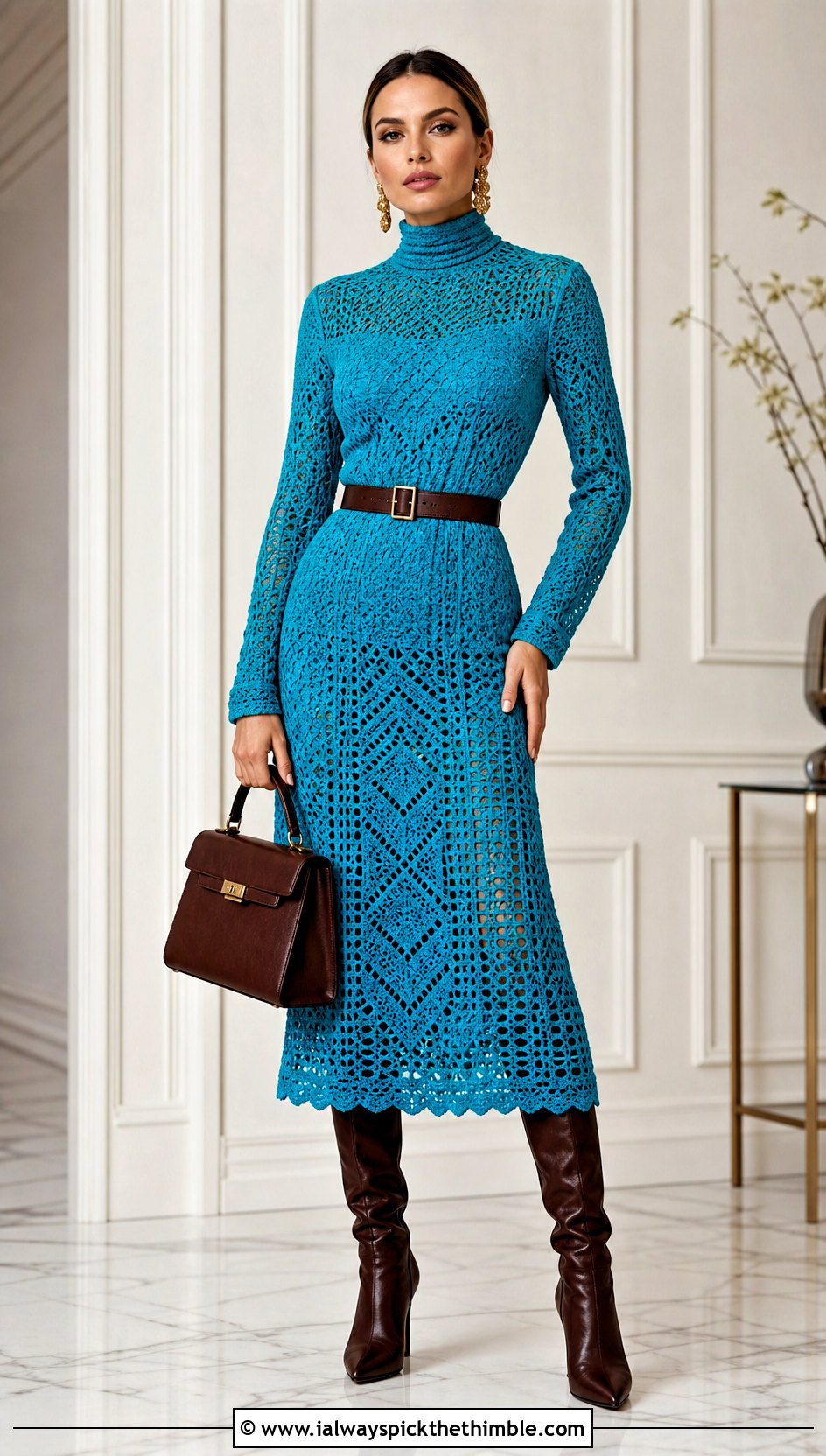 High Neck Crochet Midi Dress With Knee High Boots - 20 Beyonce Crochet Dress outfit ideas
