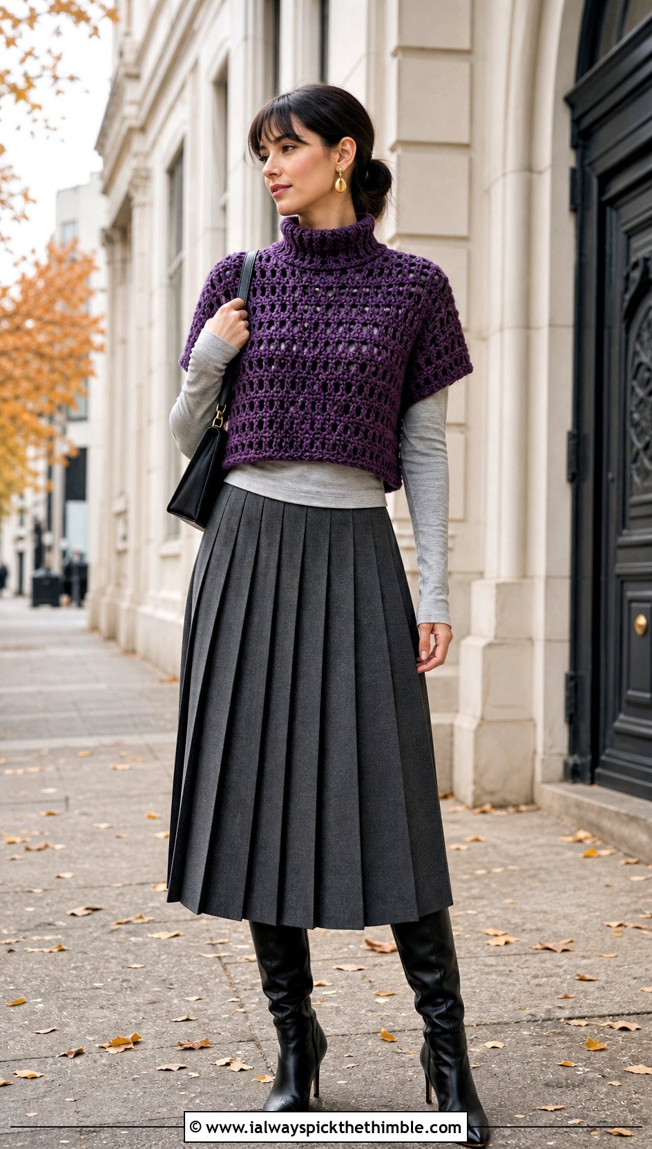 High Neck Crochet Mini Sweater With Pleated Skirt - 20 Crochet Mini Sweater outfit ideas
