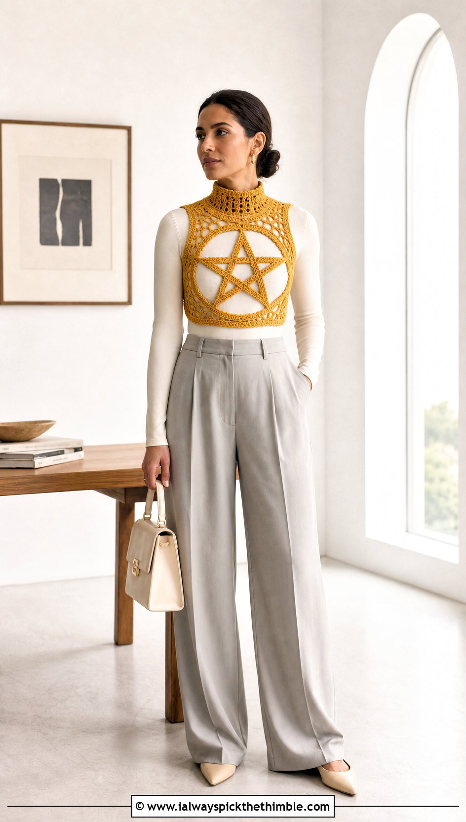 High Neck Crochet Pentagram Top With Pleated Pants - 20 crochet pentagram top outfit ideas