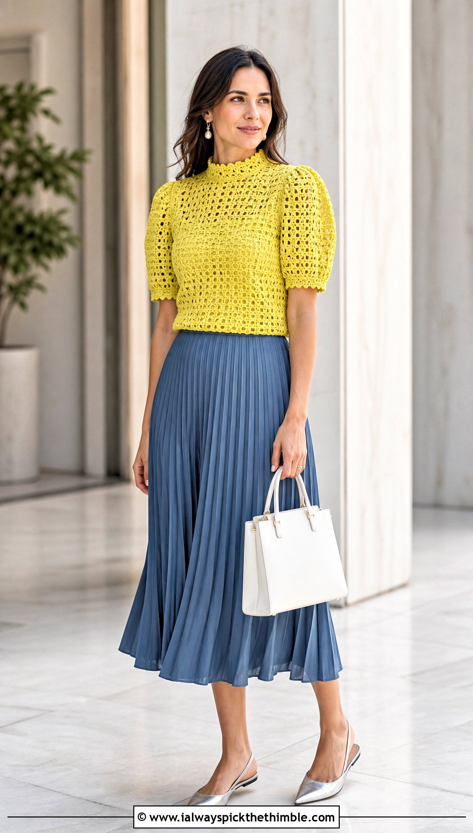 High Neck Crochet Puff Top With Pleated Midi Skirt - 25 crochet puff top outfit ideas