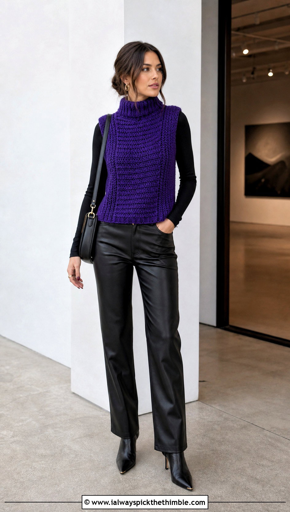High Neck Crochet Ribbed Vest With Leather Pants - 20 crochet ribbed vest outfit ideas