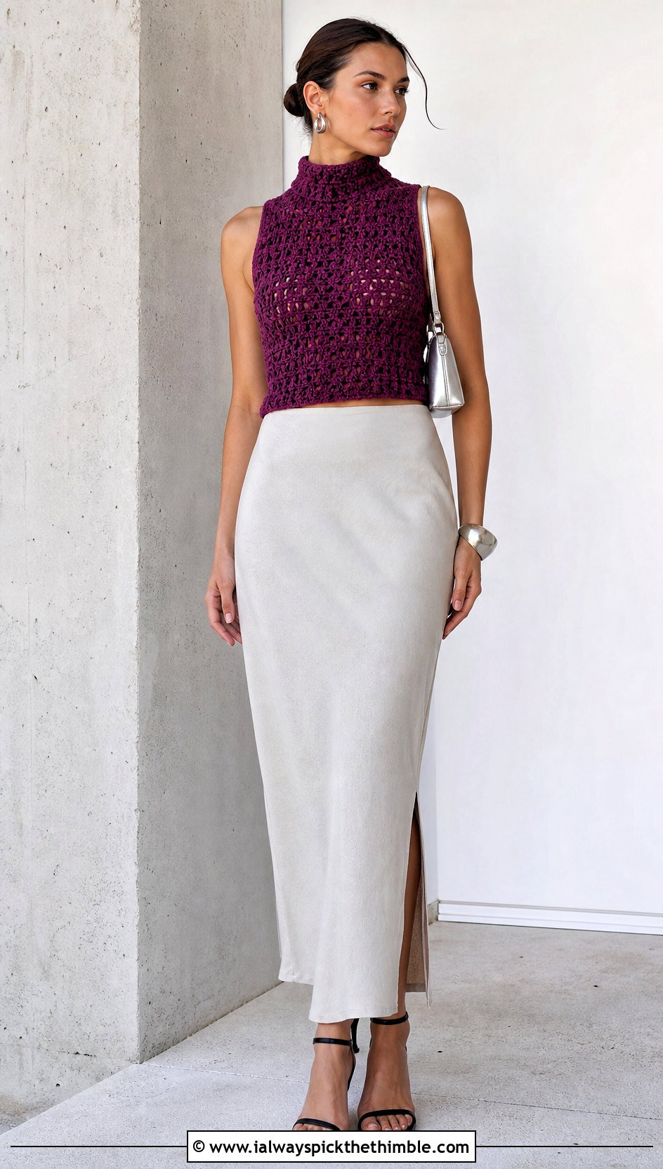 High Neck Crochet Sleeveless Top With A Column Skirt - 25 crochet sleeveless top outfit ideas