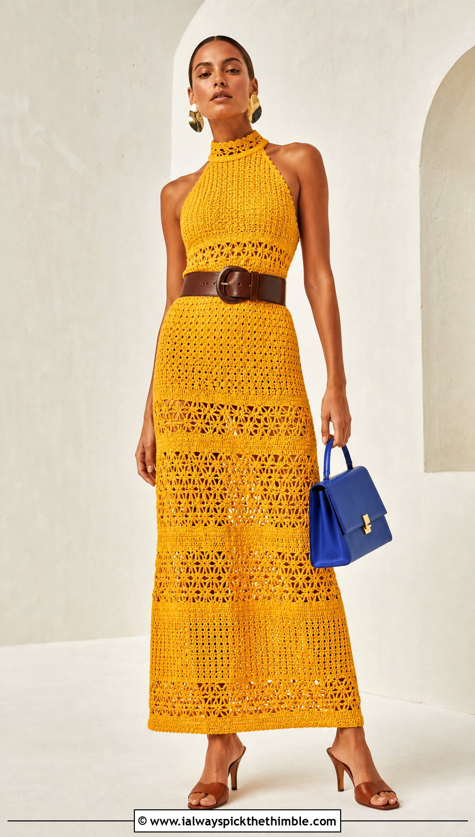 High Neck Crochet Sundress With Wide Belt - 25 crochet sundress outfit ideas